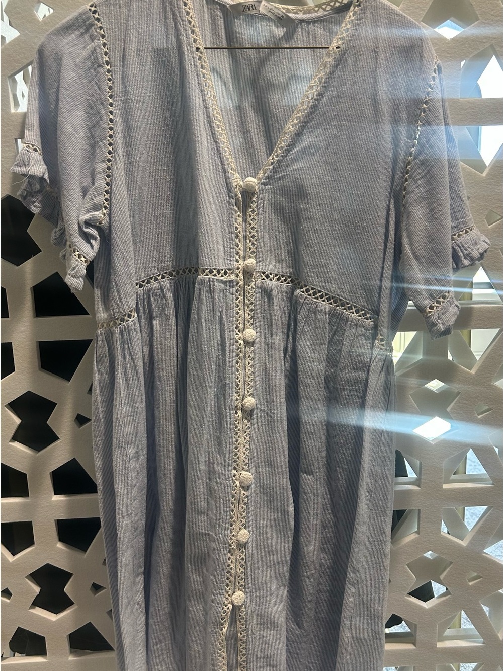 Zara Light Blue Cotton Mini Dress with Lace Trim